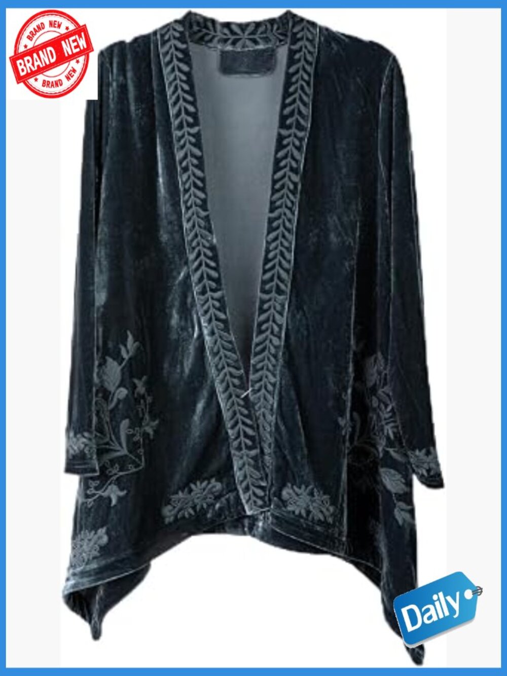 Embroidered Velvet Kimono Cardigan Open Front Duster Blazer Jacket Boho